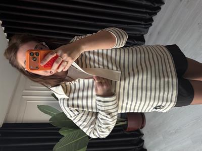 Yarım Fermuarlı , Siyah Çizgili , Polo Yaka Sweatshirt