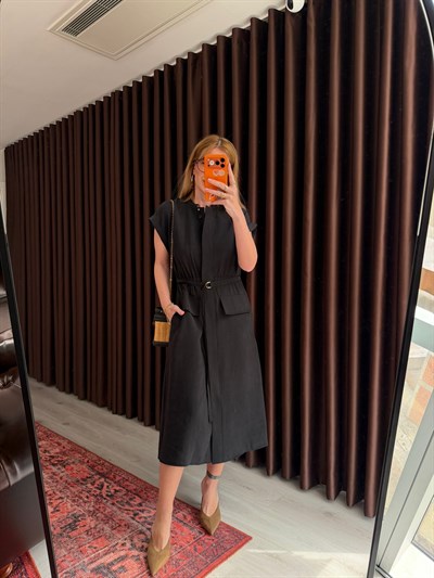 Orijinal Model , Kuşaklı & Cepli , Siyah Tencel Elbise