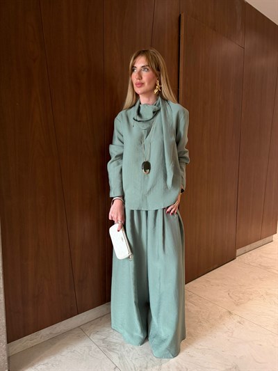 Nil Yeşili , Orijinal Model Fular Yakalı Gömlek & Pantalon Premium Tencel Takım