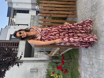 Belden Bağlamalı , Askılı , Bordo Desenli , İthal Elbise