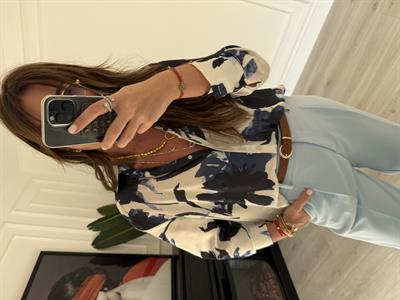 Mavi , Batik Desenli , Saten Gömlek