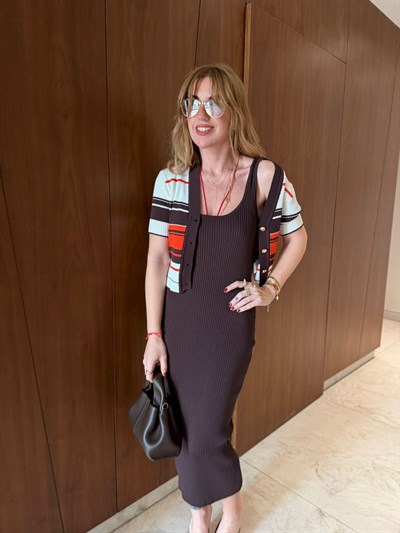 Turuncu Çizgili , Acıkahve , Elbise & Triko Takım