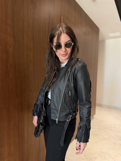 Püskül Detaylı , Siyah Deri Ceket