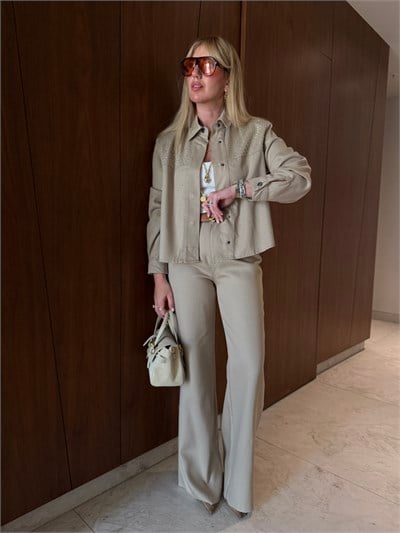 Orijinal Model , Bej , Serpme Taşlı , Yumuşacık Gabardin Jean Takım