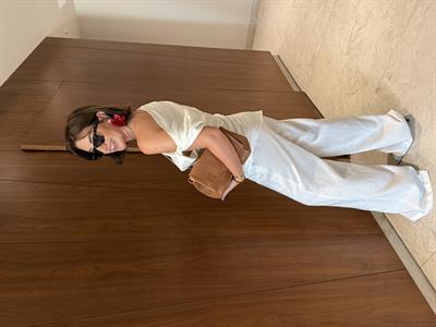 Ekru, Premium Keten , Çapraz Omuzlu , Pantolon & Bluz Takım