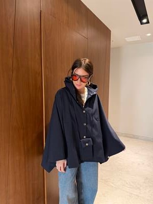 Çantalı , Premium , Lacivert Pelerin Trençkot 