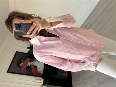Yaka & Manşet Fistolu , Pembe , Çizgili Gömlek