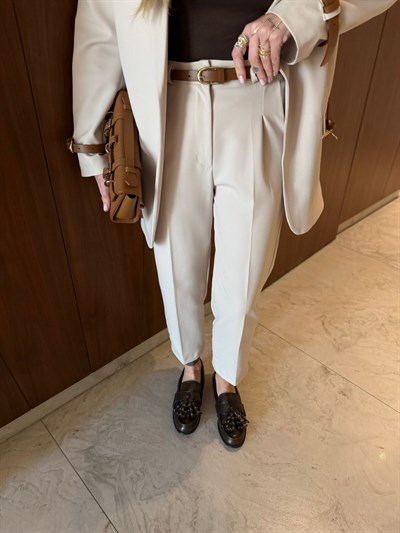 Orijinal Model , Premium , Bej , Kemerli Blazer & Pantolon Takım