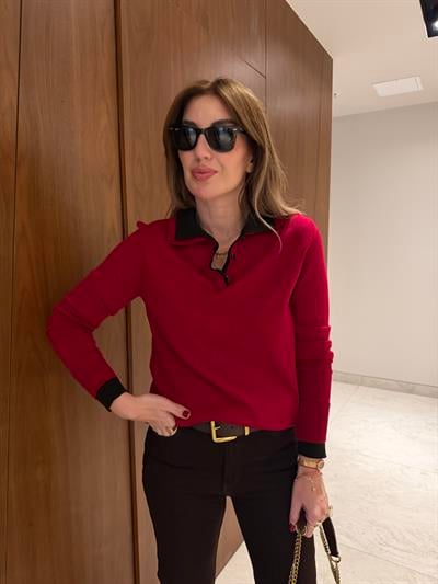 Çift Renk , Polo Yaka , Kırmızı Triko