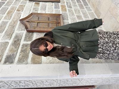 Yağlı Dokuda , Kadife Yakalı , Koyu Yeşil , Kuşaklı Trençkot