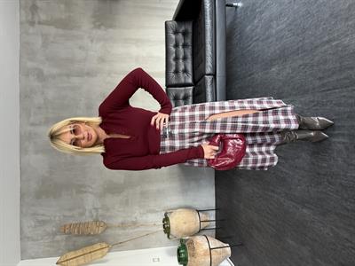 Çift Kemer Detaylı , Yırtmaçlı , Bordo Ekoseli Etek