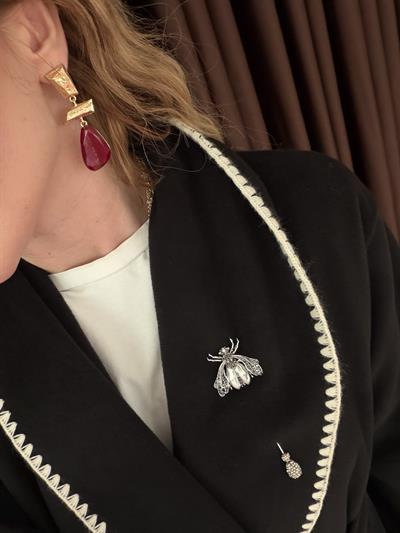 Asimetrik Kesim , Bordo Taşlı , Vintage Küpe