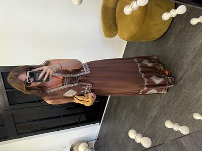 Ekru Nakış İşlemeli , Yelekli , Premium , Acı Kahve Elbise