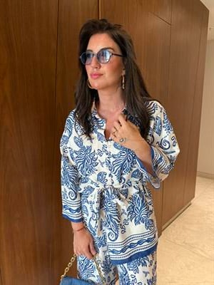 Mavi Desenli , Pantolon & Gömlek , Saten Takım