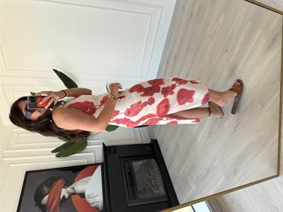 Orijinal Model , Kırmızı Çiçekli , Keten Dokulu Elbise