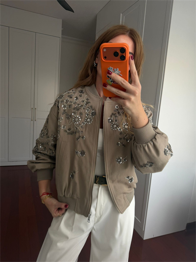 Kristal Taş İşlemeli Premium Vizon Bomber Ceket