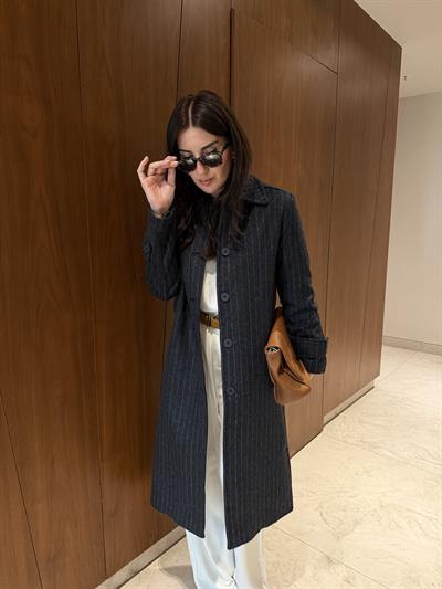 Orijinal Marka , Çizgili , Lacivert Kaşe Kaban