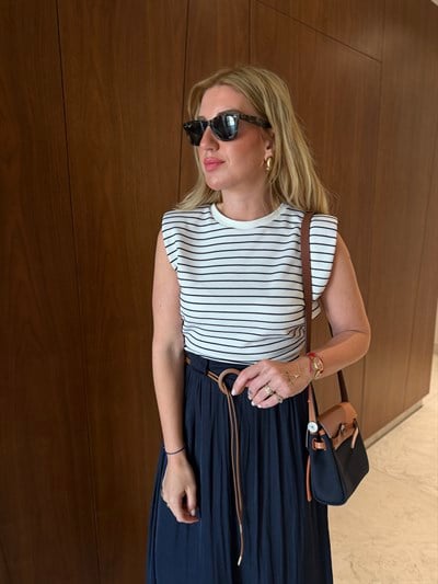 Orijinal Model , Deri Kemerli , Vatkalı & Çizgili Lacivert Elbise