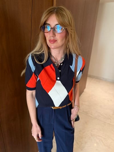 Lacivert & Oranj Baklava Desenli , Polo Yaka Merserize