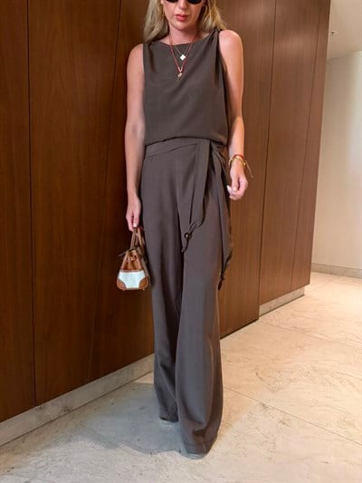 Orijinal Model , Omzu Boncuk Detaylı Bluz & Pantolon , Acıkahve Tencel Takım