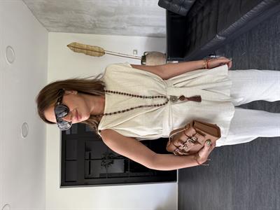 Omzu Burmalı , Bej , Keten , Bluz Takım