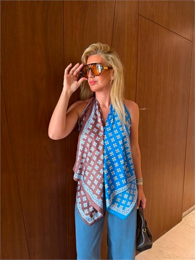 Orijinal Model , Acıkahve & Mavi , Şal Yaka Bluz