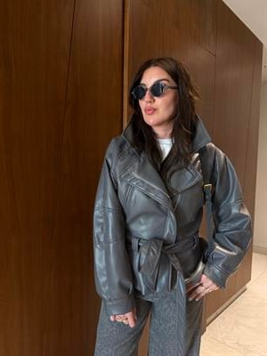 Kuşaklı , Gri , Premium Deri Ceket