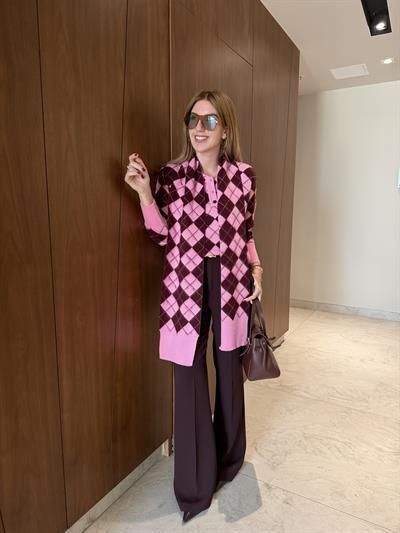 Pembe & Bordo Baklava Desenli , Yumuşacık Atkılı Triko