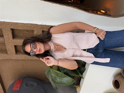 Yakası Dantelli , Fularlı , Likralı , Pudra Merserize Yelek