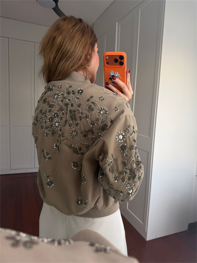 Kristal Taş İşlemeli Premium Vizon Bomber Ceket