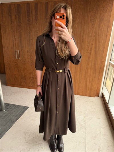 Orijinal Model , Double Krep Kumaş , Kemerli Acıkahve Elbise