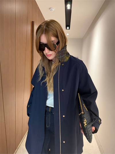 Yakası Ekoseli , Premium Lacivert Trençkot