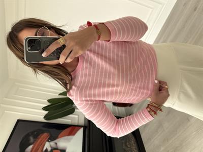 Orijinal Marka , Pembe Çizgili , Bisiklet Yaka , Merserize