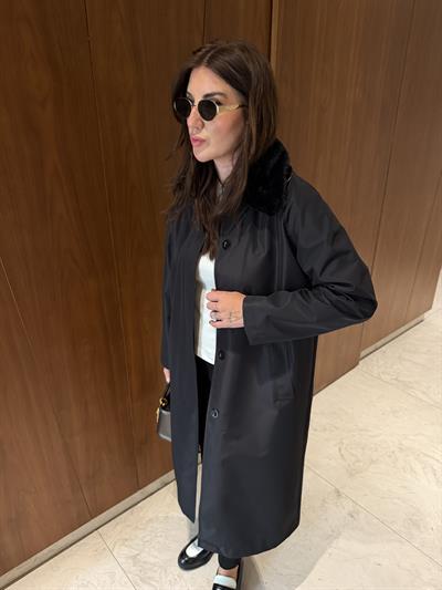 Çıkarılabilir Kürk Yakalı , İçi Ekose Astarlı , Premium Siyah Trençkot