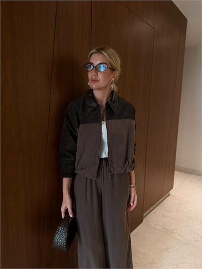 Orijinal Model , Deri Yakalı , Kadife Detaylı , Acıkahve Tencel Takım