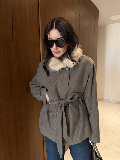 Peluş Yaka , Kahve , Kuşaklı Kaşe Kaban