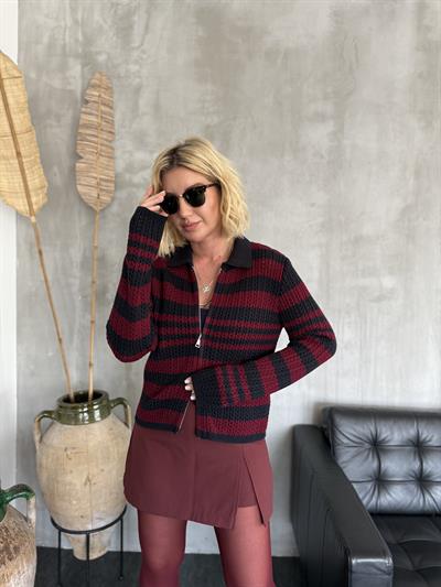 Bordo & Lacivert Çizgili , Ajurlu , Çift Fermuarlı Triko