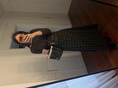 Haki & Acıkahve Ekoseli , Çift Deri Kemerli , Premium Etek