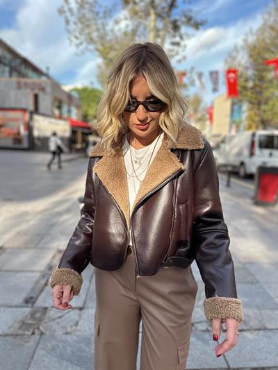 Orjinal Model Acı Kahve İçi Kürk Rugan Deri Mont