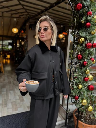 Orjinal Model Kadife Yaka Siyah Bomber Mont