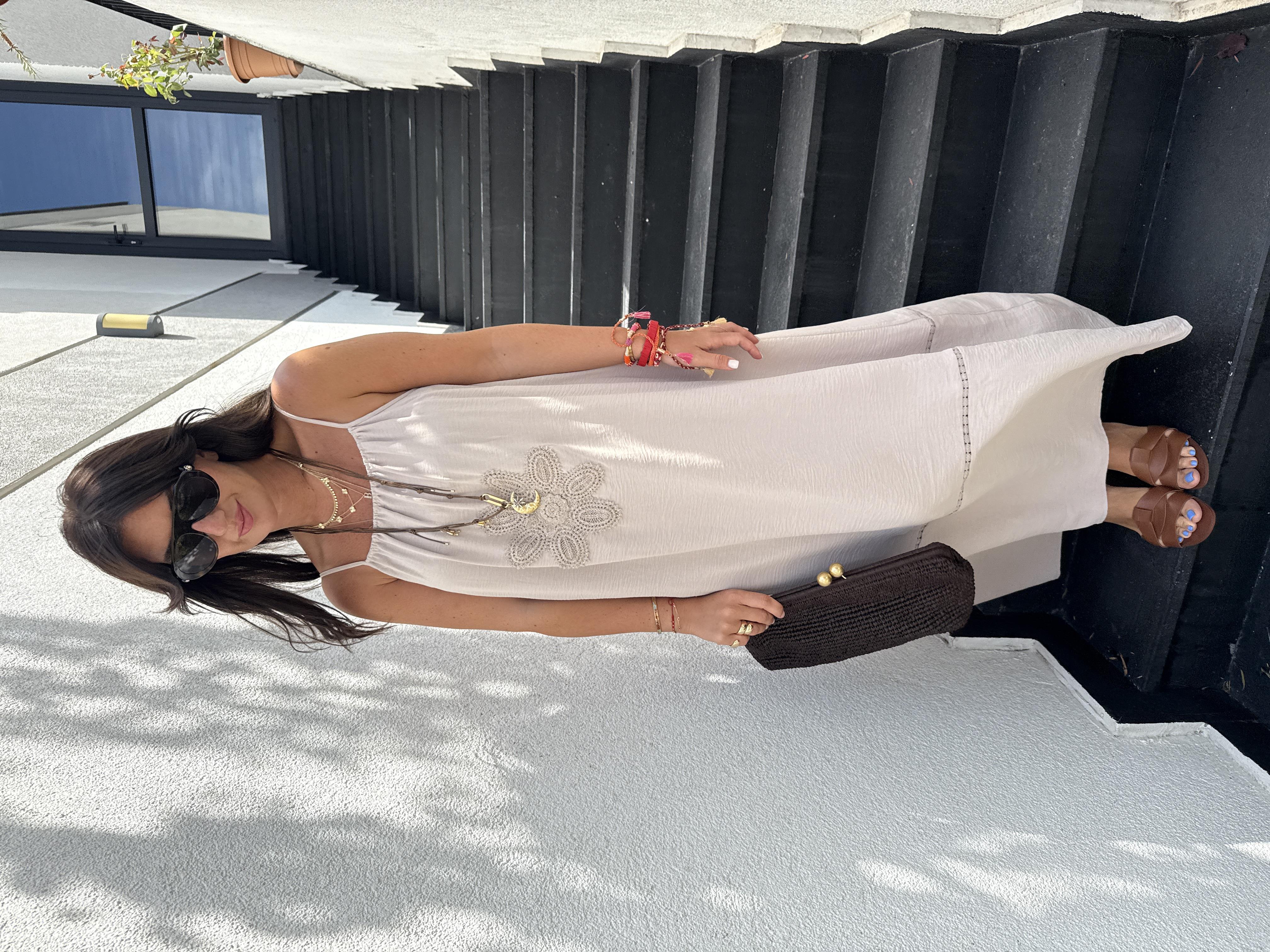 Önü Örgü Çiçekli , Bej , Askılı Elbise