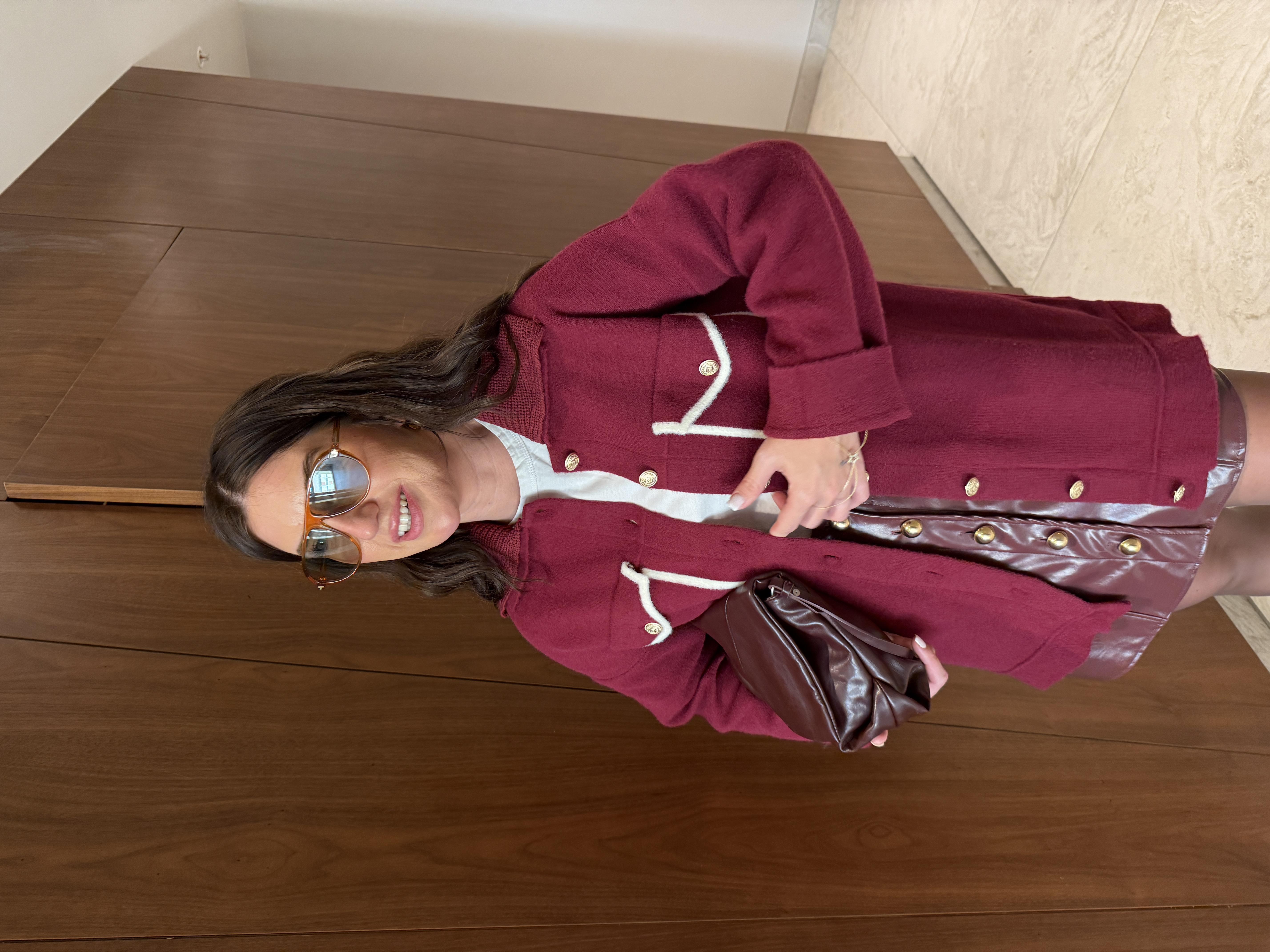 Gold Düğmeli , Çıkarılabilir Yakalı , Bordo , Kaşe Triko Ceket