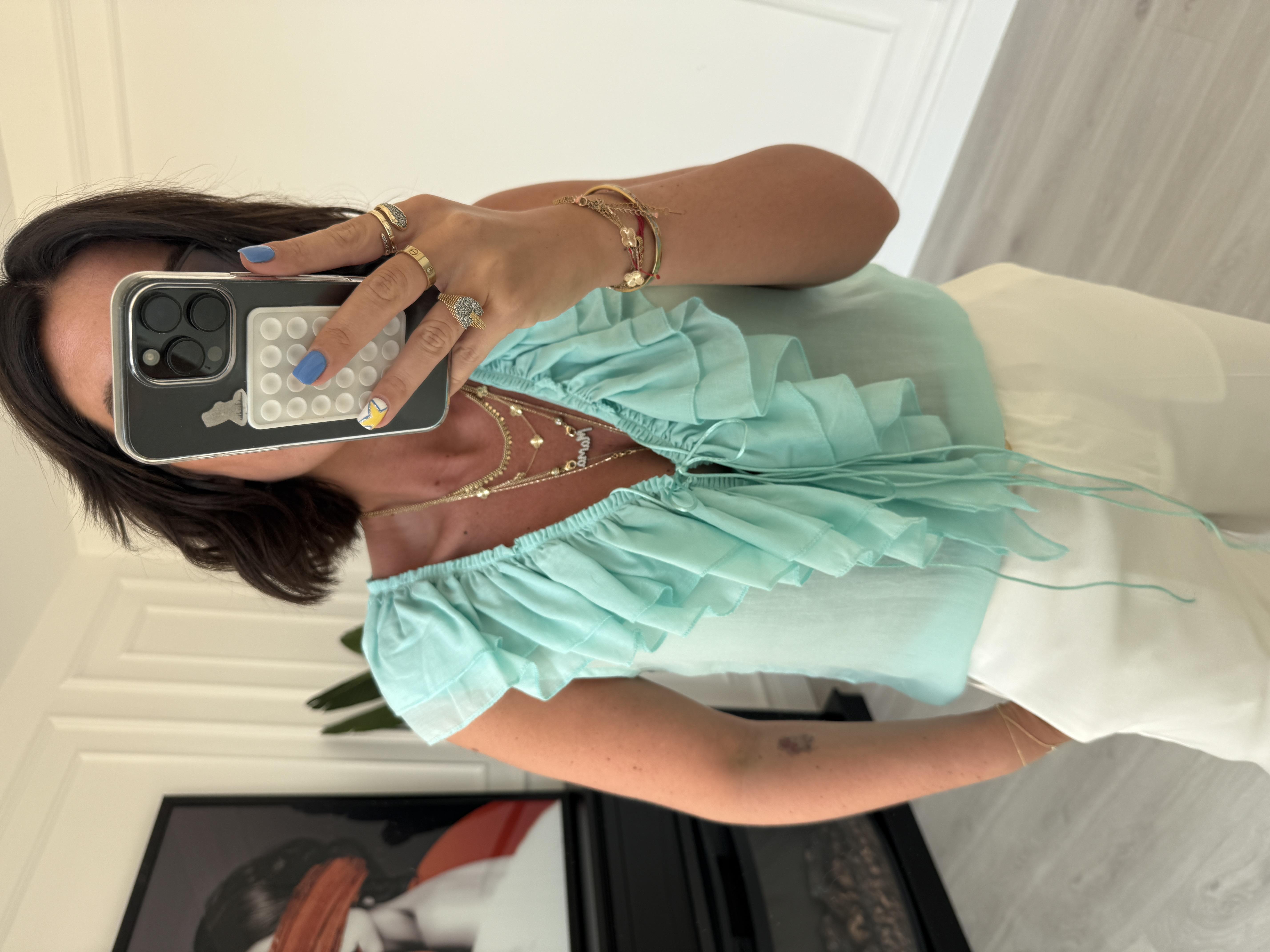 Fırfır Detaylı , Premium Seri , Su Yeşili , Kolsuz Bluz