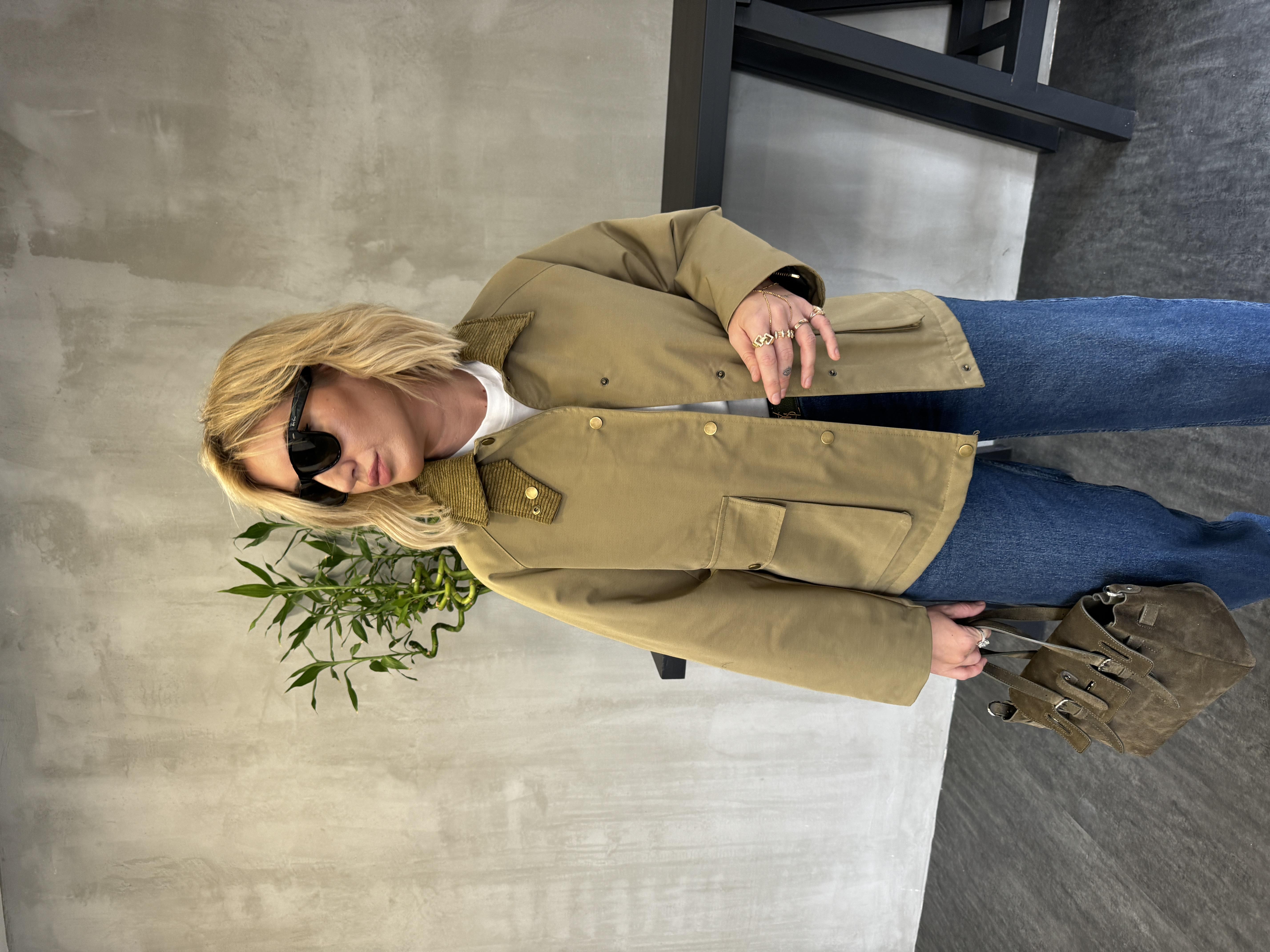 Kadife Yaka , Haki , Premium Kapitone Mont