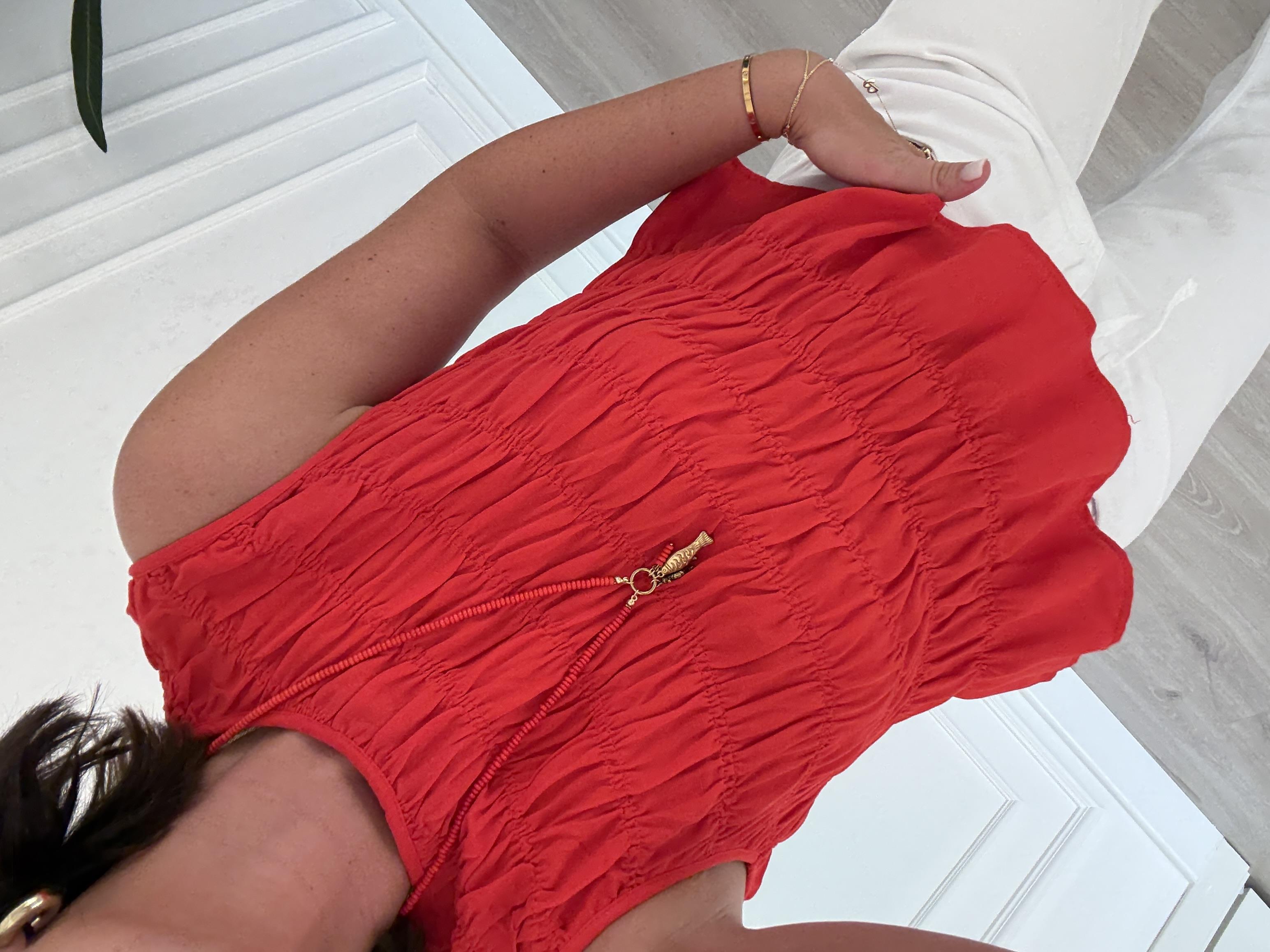 Büzgülü , Tasarım , Kırmızı Kolsuz Bluz