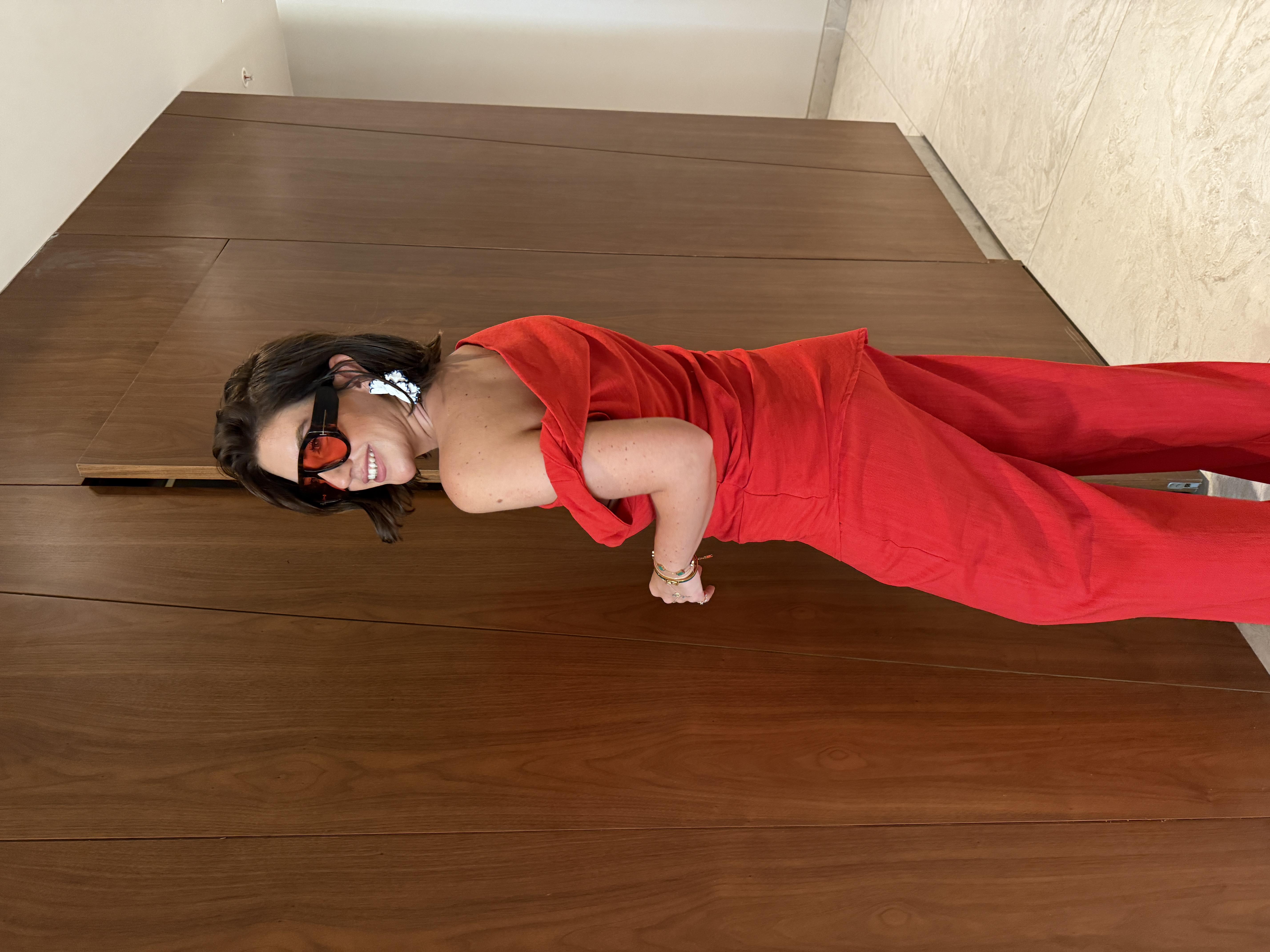 Kırmızı , Premium Keten , Çapraz Omuzlu , Pantolon & Bluz Takım