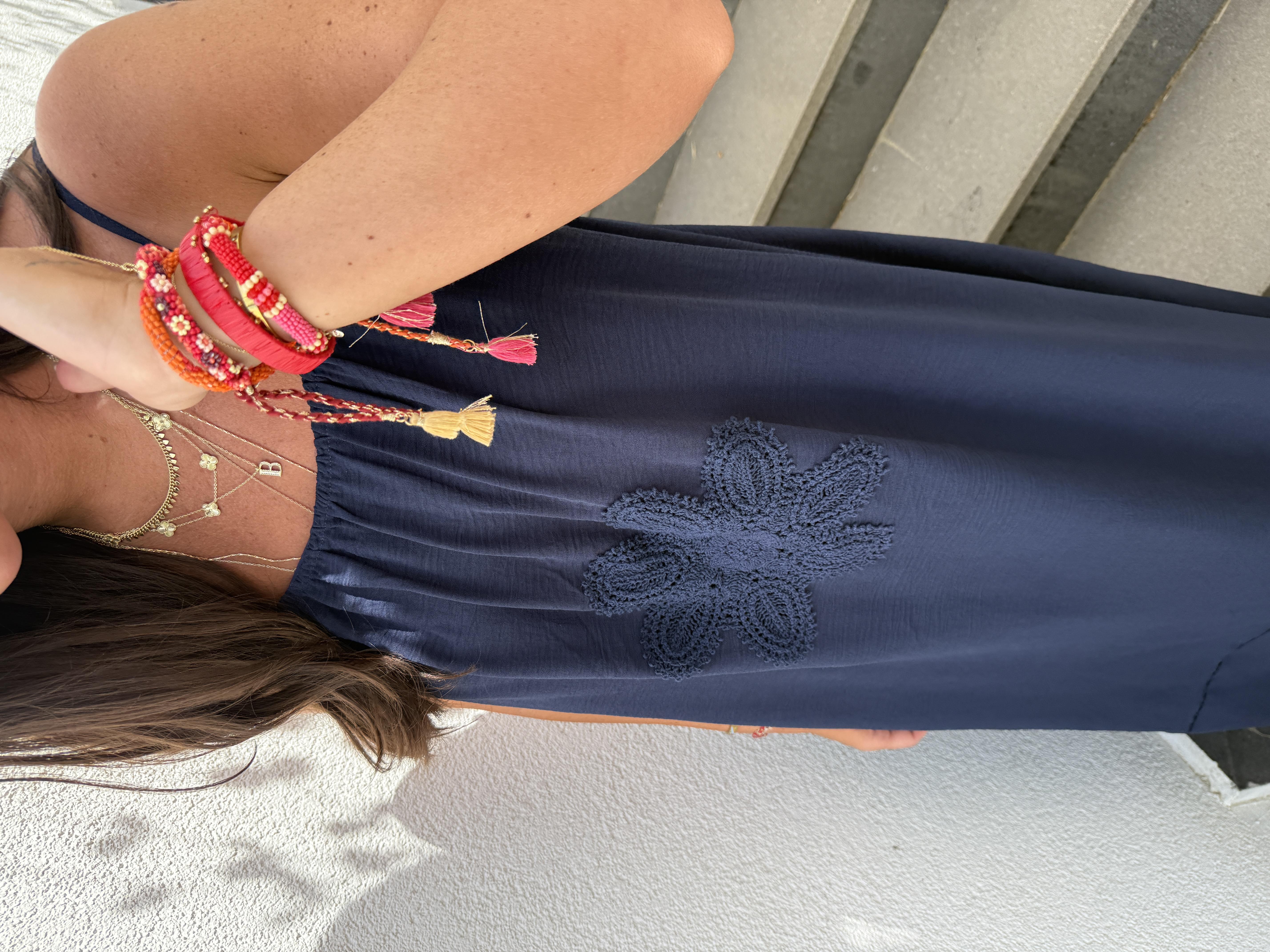 Önü Örgü Çiçekli , Lacivert , Askılı Elbise