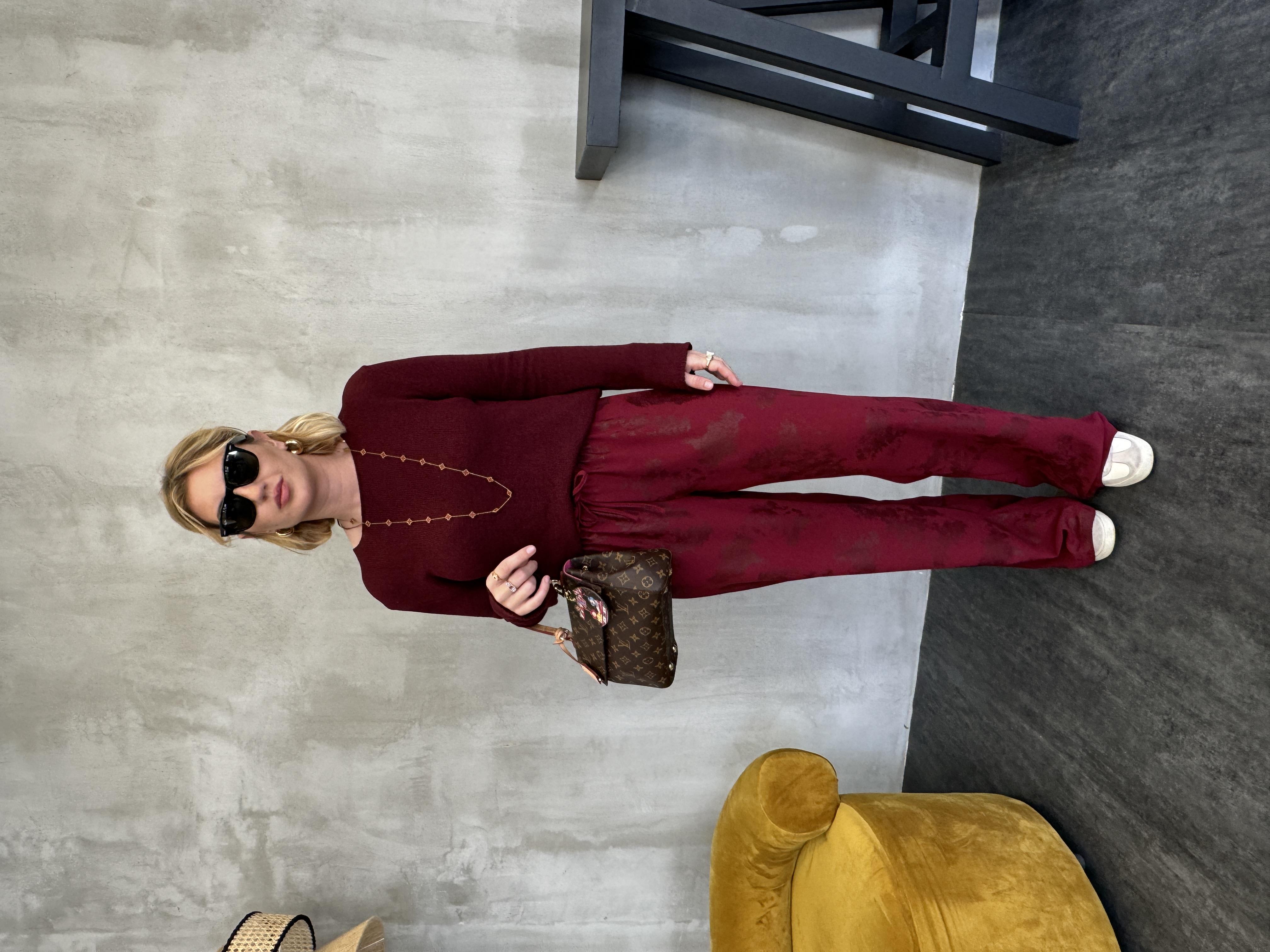 Bordo Jakarlı Tiril Pantolon
