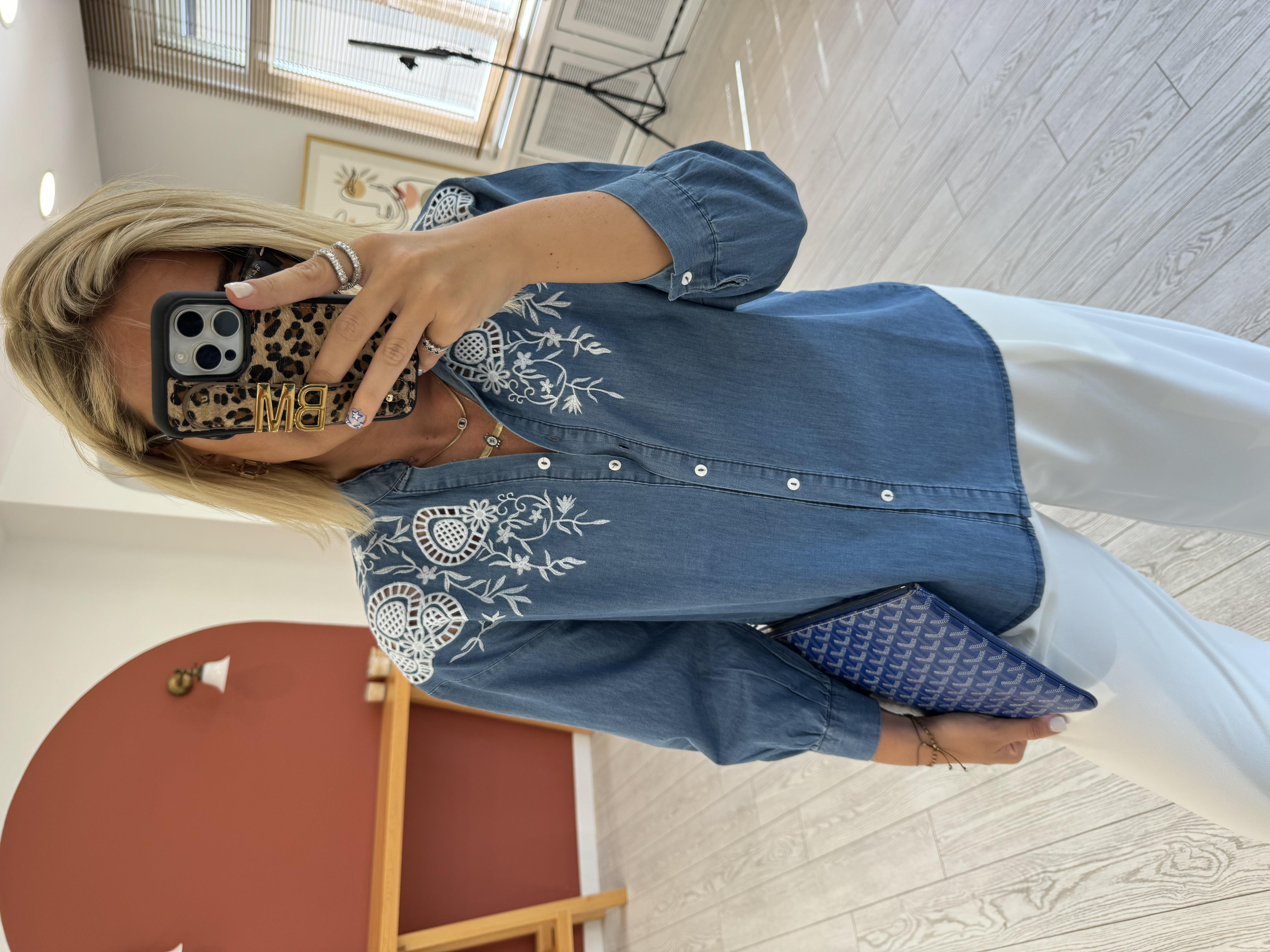 Beyaz Fisto İşlemeli , Tencel Jean Gömlek