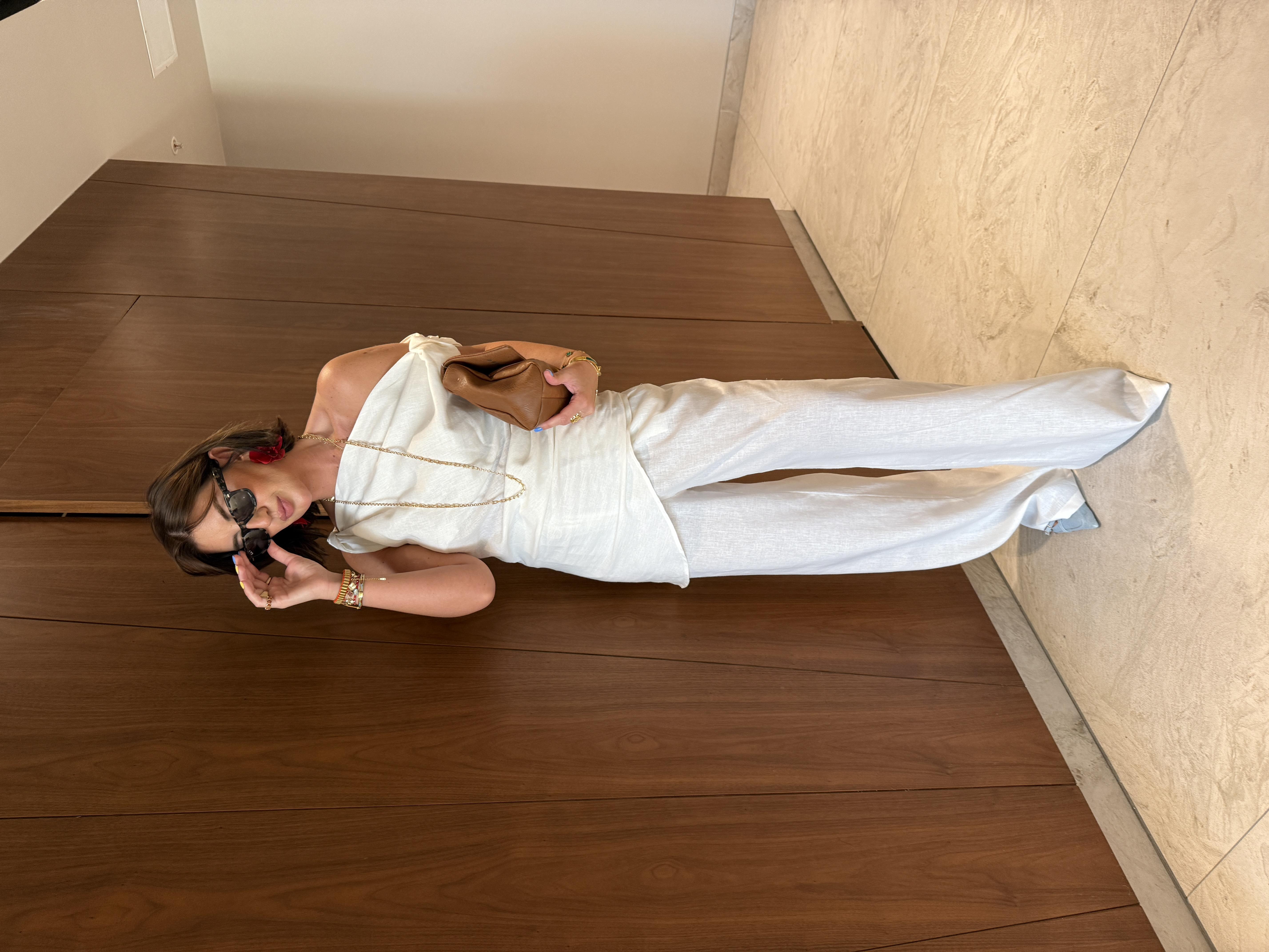 Ekru, Premium Keten , Çapraz Omuzlu , Pantolon & Bluz Takım